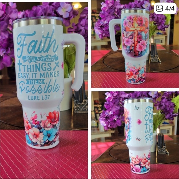 HANDMADE/CUSTOM FAITH FLORAL FAITH-BASED TUMBLER 40oz with HANDLE & STRAW NWT - Picture 4 of 4